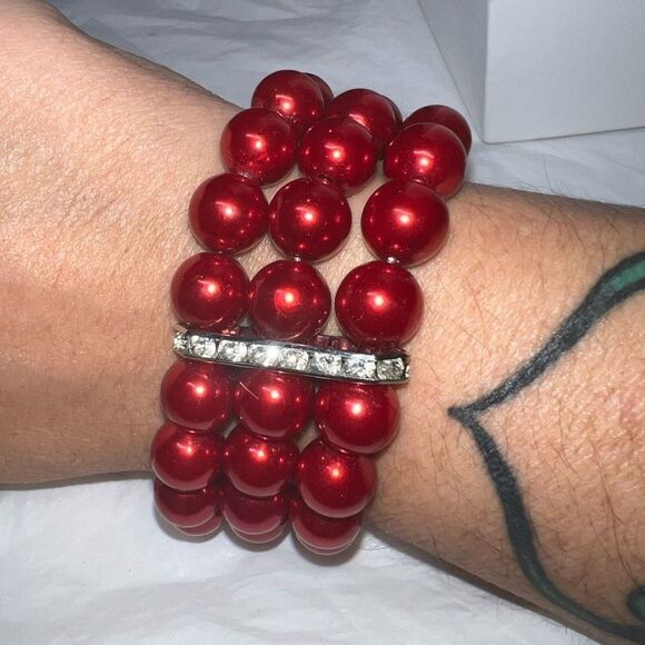 Vintage Red Faux Pearl and Rhinestone Three Band Stretch Bracelet - Picture 2 of 8